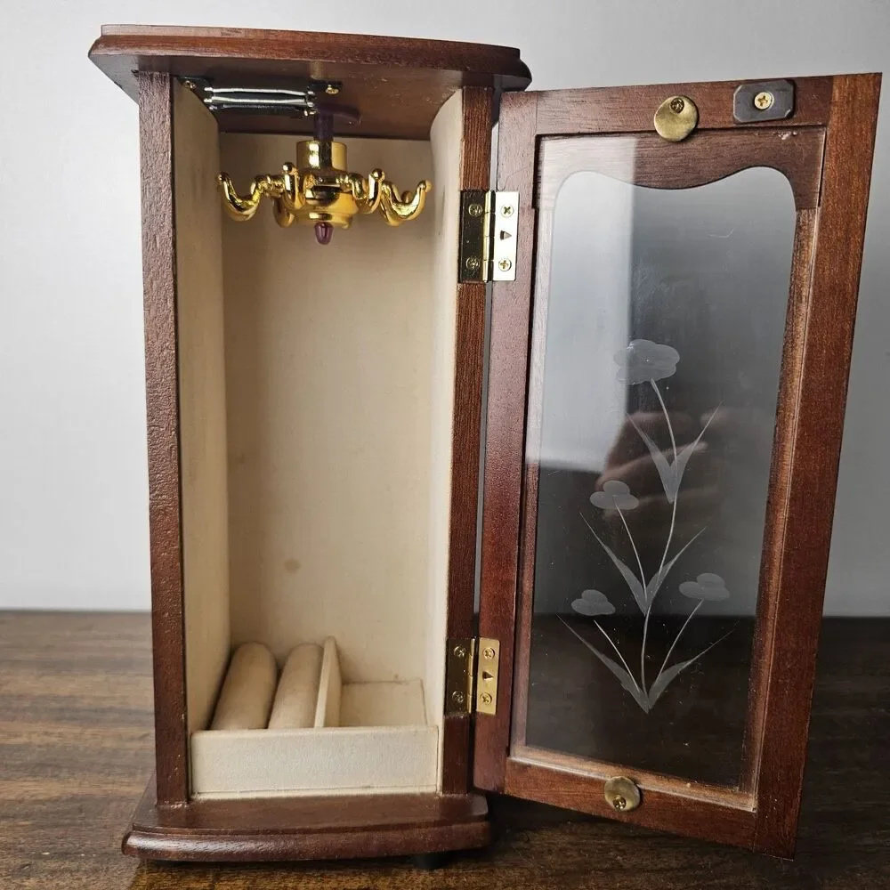 Vintage Wooden Tabletop Jewelry Armoire with Etched Floral Glass Door